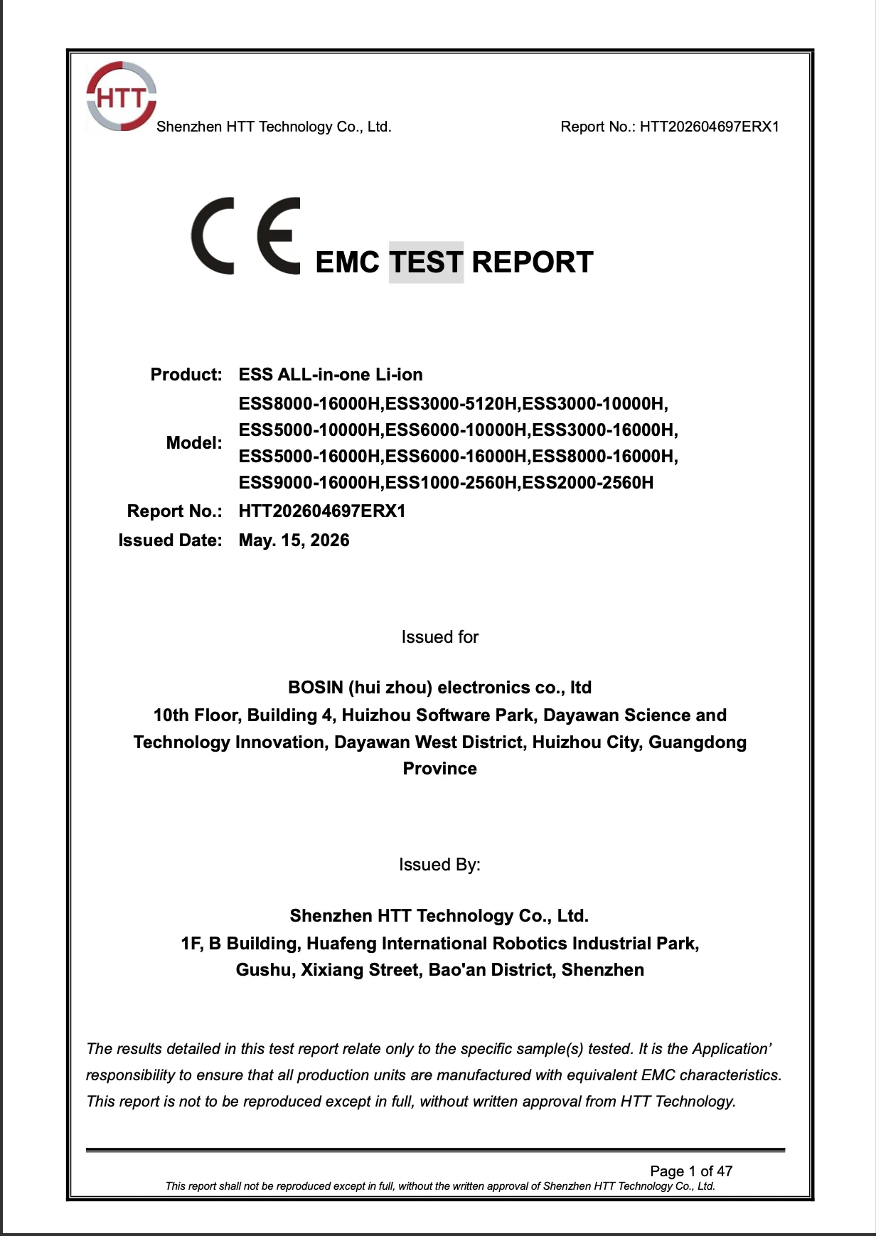 CE EMC test report for ESS all-in-one Li-ion models