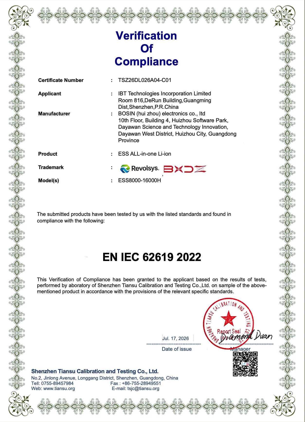 EN IEC 62619:2022 verification of compliance for ESS